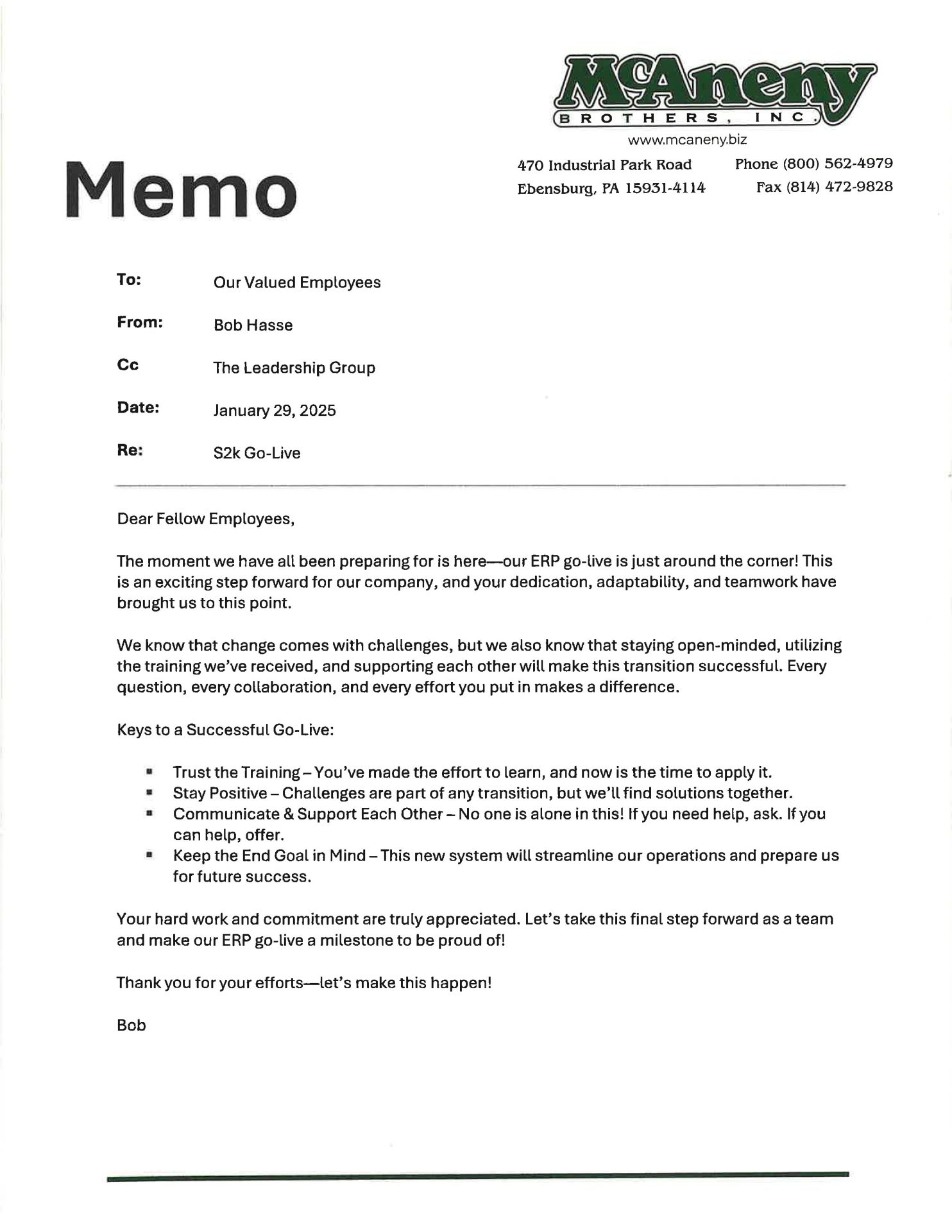 S2k Go Live Memo 1.29.25